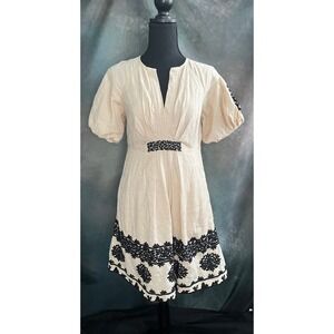 Anthropologie Orla Dress Womens US 4 Tan Embroidered‎ Mini Short Sleeve NWT